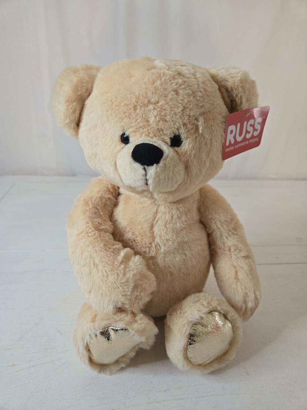 Kellytoy Russ Light Tan Plush with Gold Ears Feet Stuffed Bear 15" NWT